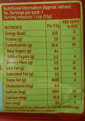 Oodles Yummy masala ring noodles - Nutrition facts