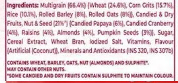 Kelloggs Muesli Breakfast Cereal - With Multigrain & 21% Fruit, Nut & Seeds - Ingredients