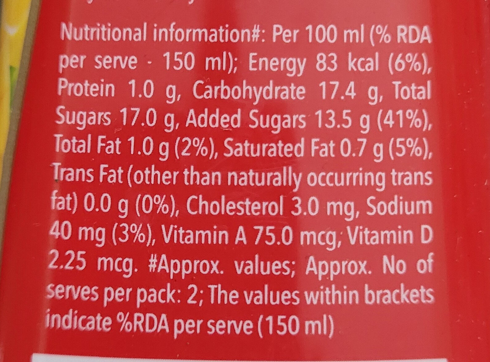 Mango Smoothie with Mango Chunks - Nutrition facts