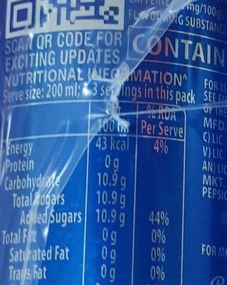 Pepsi Cola 250ml Can - Nutrition facts