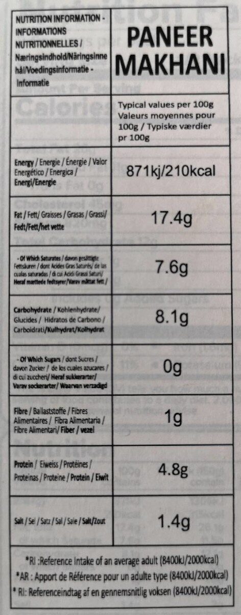 Paneer Makhani - Nutrition facts
