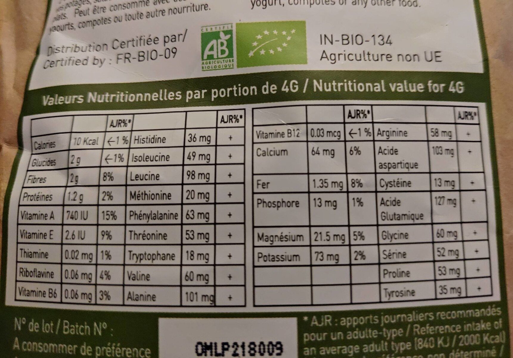 POWDER DE MORINGA - Nutrition facts - fr
