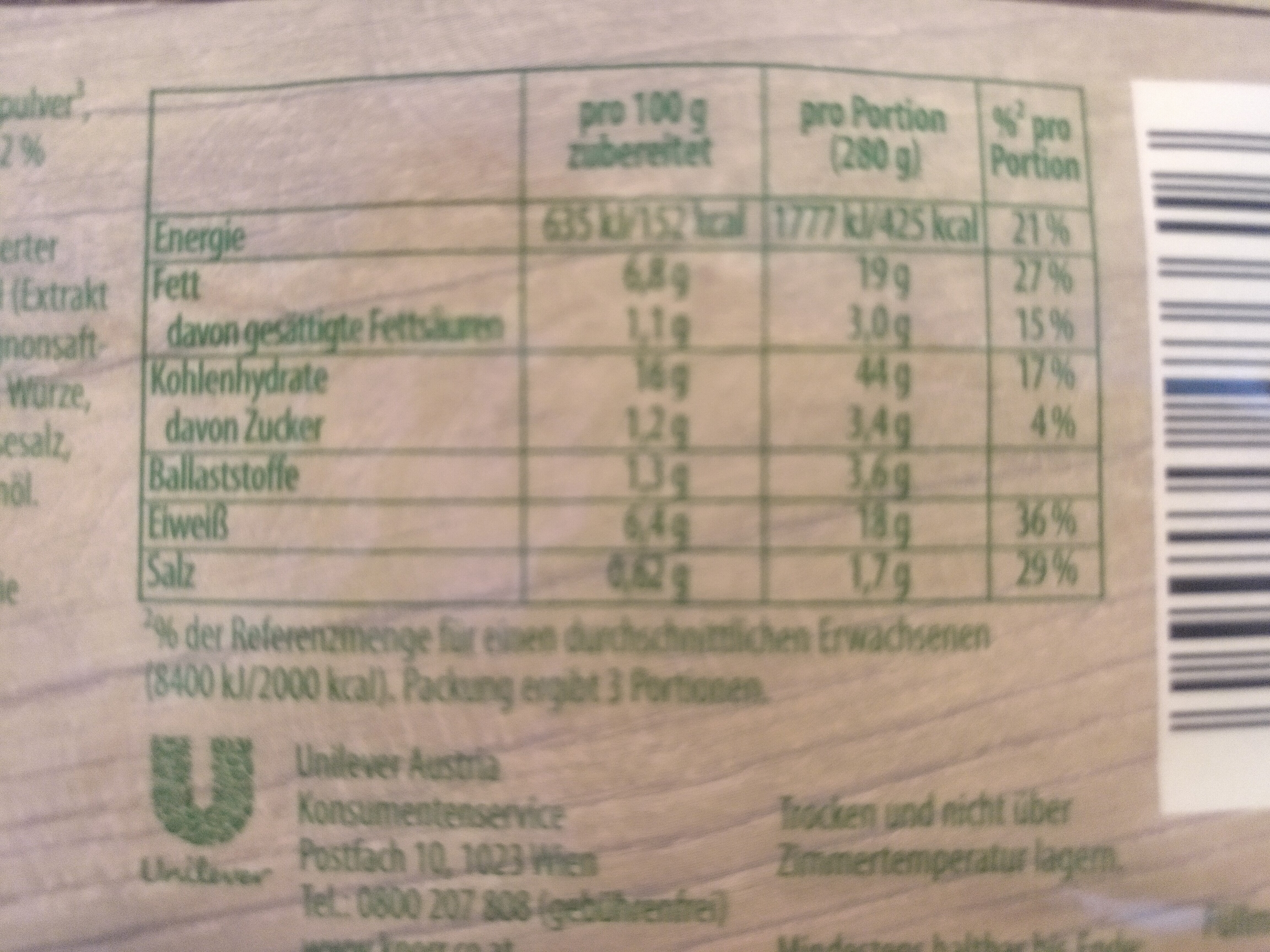 Knorr Basis, Jägerpfanne - Nährwertangaben