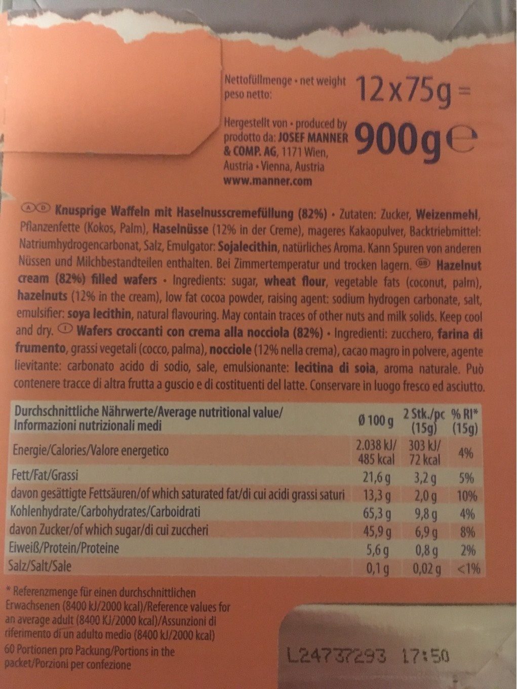Manner Neapolitaner Chocolate Wafers 75G (pack Of 12) - Nutrition facts - nl