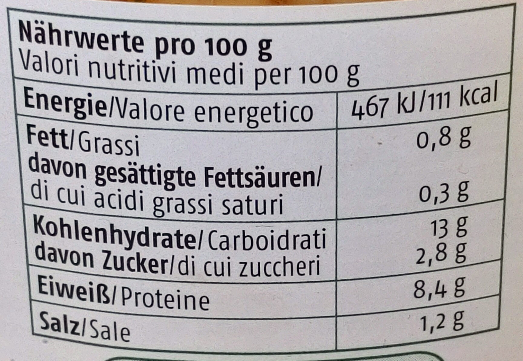 Bohnen Salat - Nutrition facts - de