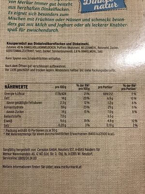 Knusper Müsli Dinkel natur 500g, Merkur IG - Nutrition facts - de