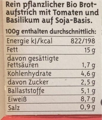 Tomate Basilikum Aufstrich - Nährwertangaben