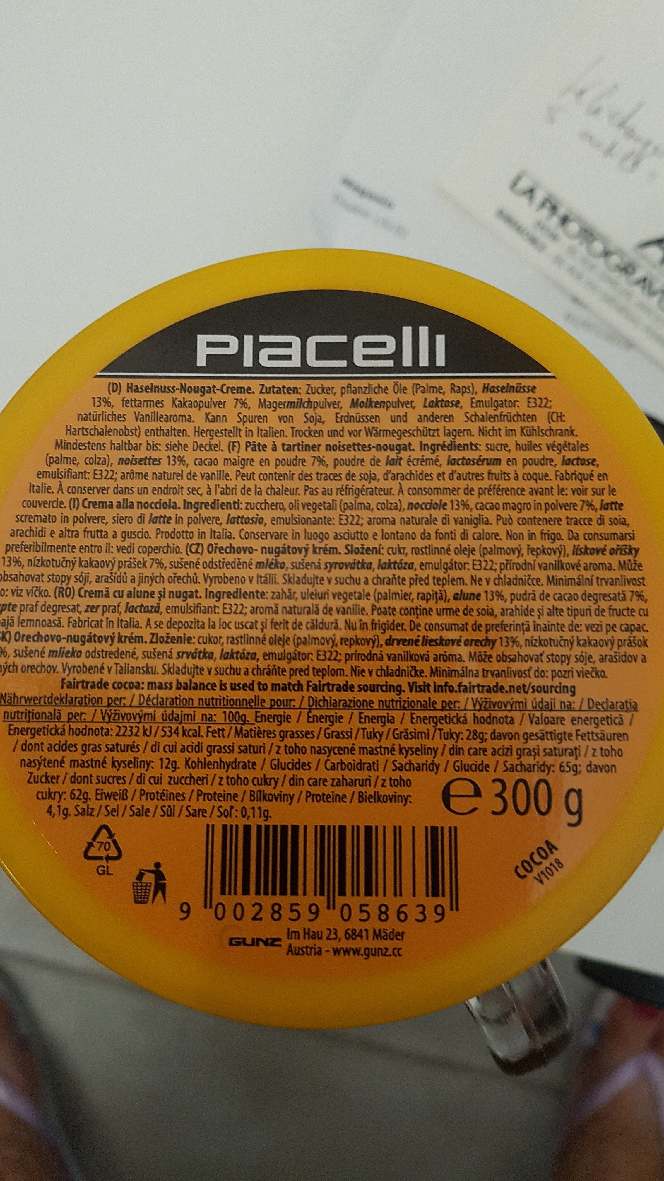 Haselnuss-nougat-creme 300g Tasse Piacelli - Ingrediënten - fr