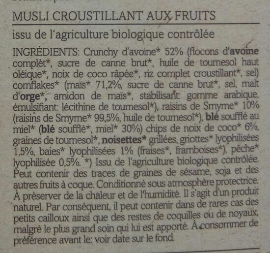 Crunchy Mix, Bio-frucht Muesli croustillant suprême aux fruits - Ingredients - fr