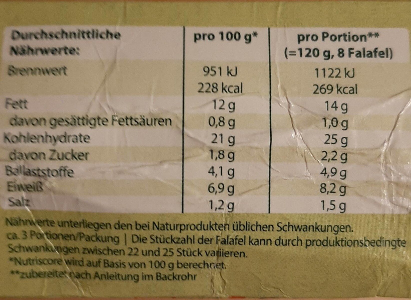 Falafel Bällchen - Nährwertangaben - fr