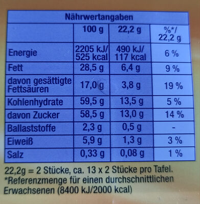 Milchschokolade aus Alpenmilch - Nährwertangaben - en