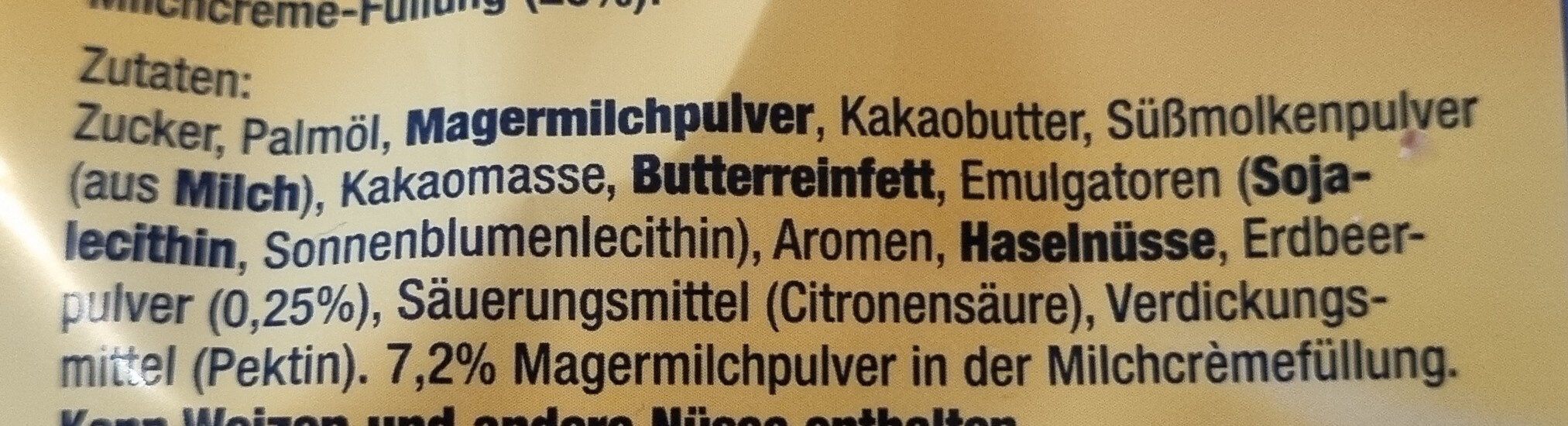 Alpenmilch Schokolade mit Erdbeer-Crème-Füllung - Zutaten