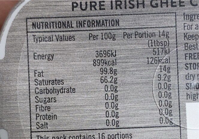 Pure irish ghee - Nutrition facts