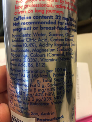 Red bull energy drink 250ml can - Tableau nutritionnel