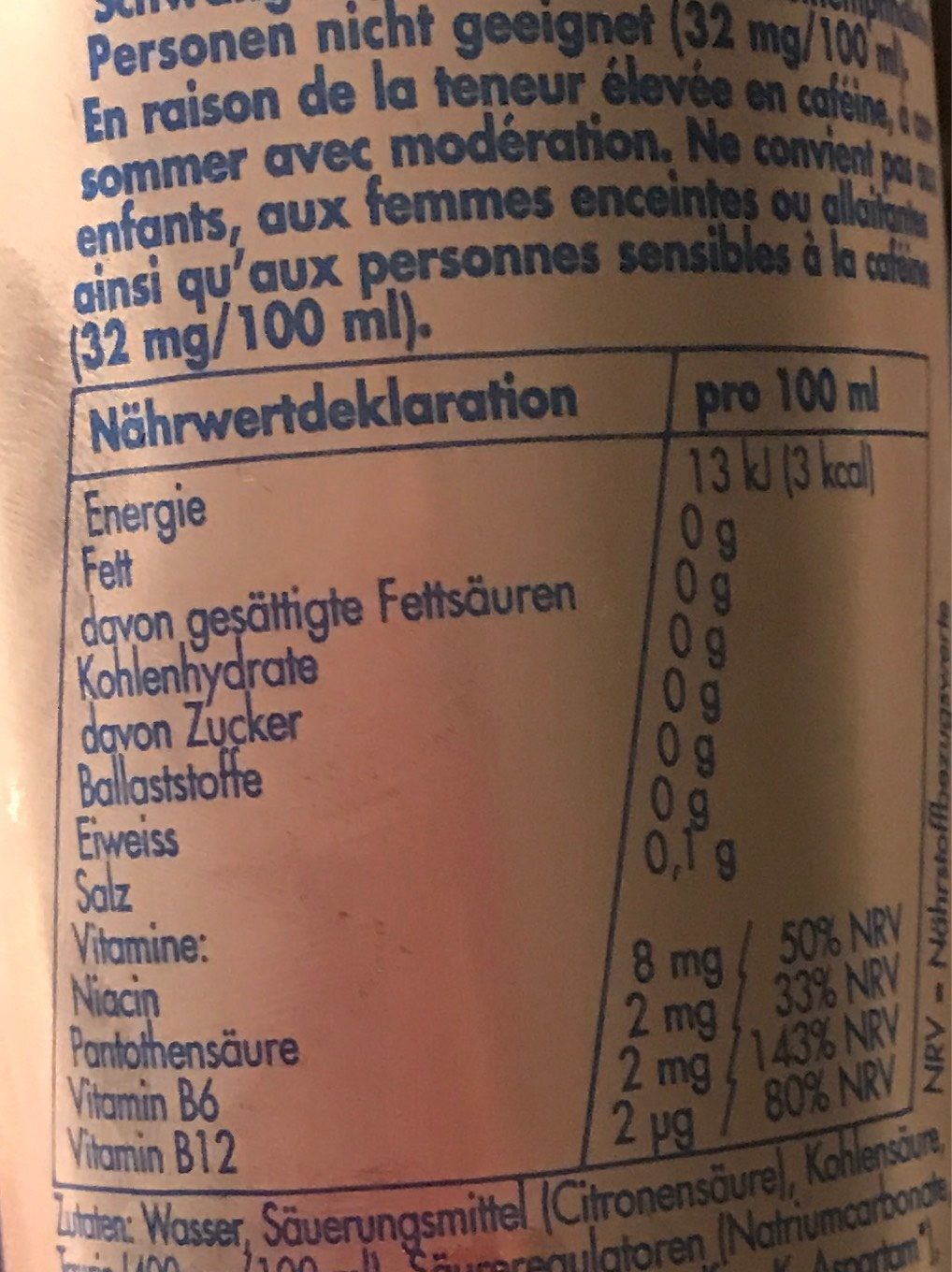 Red Bull Sugar Free 250ml - Tableau nutritionnel