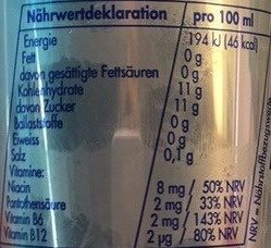 Red Bull 250ml - Tableau nutritionnel