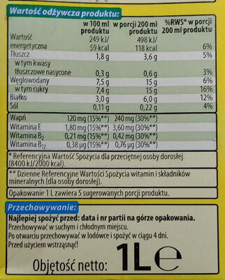 Napój sojowy UHT o smaku waniliowym wzbogacony w wapń i witaminy E, B, B12. - Wartości odżywcze