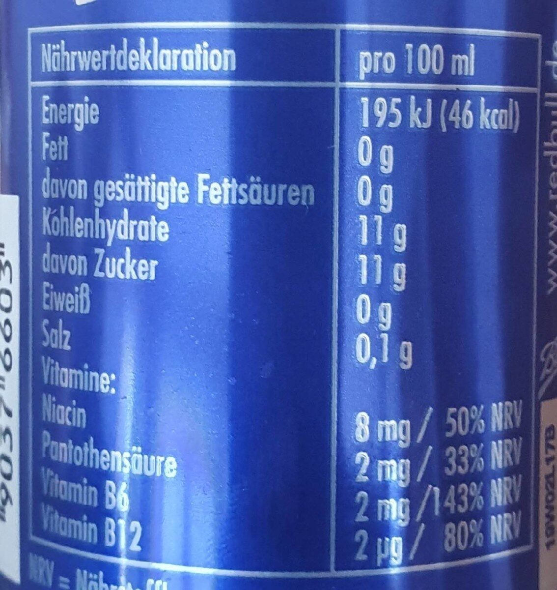 Red Bull Heidelbeere - Tableau nutritionnel