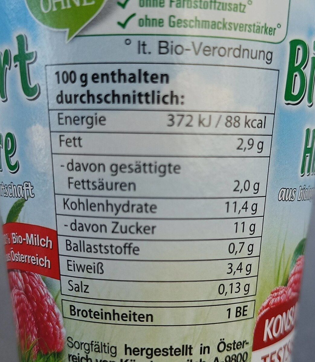 Bio-Jogurt Himbeere - Nährwertangaben
