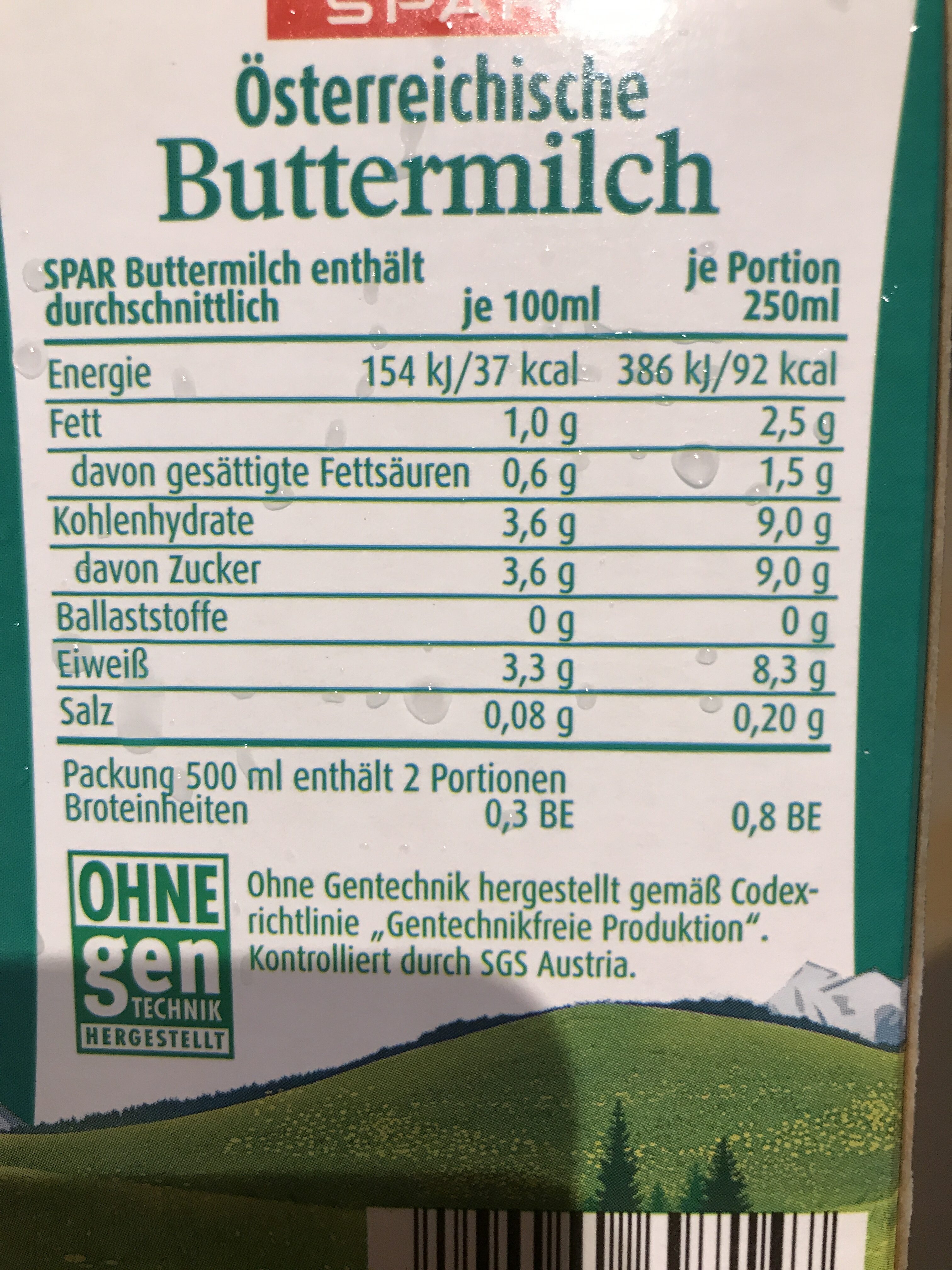 Österreichische Buttermilch - Nährwertangaben