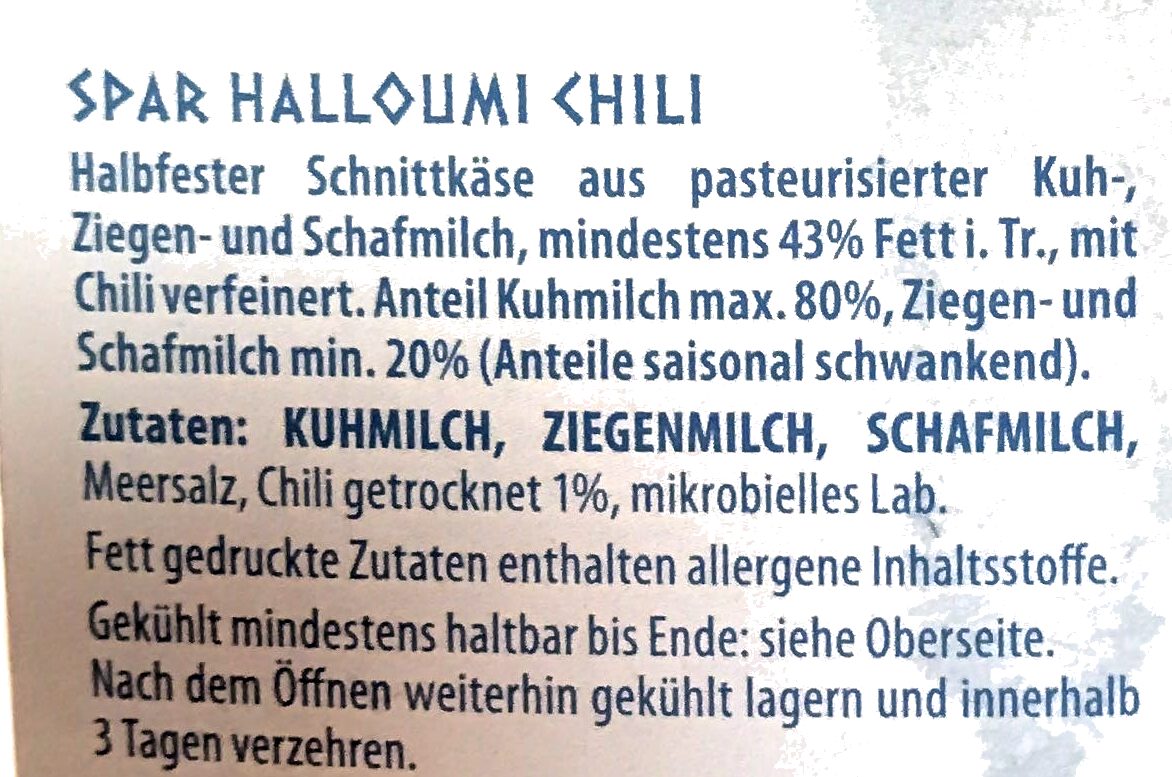 Halloumi Zypriotischer Grill-& Bratkäse Chili - Ingredients - de