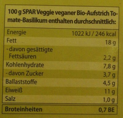 Veganer Bio-Aufstrich Tomate-Basilikum - Nährwertangaben