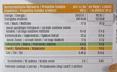 High Protein Erdnuss-Riegel Schoko-Kokos-Grispies - Nährwertangaben