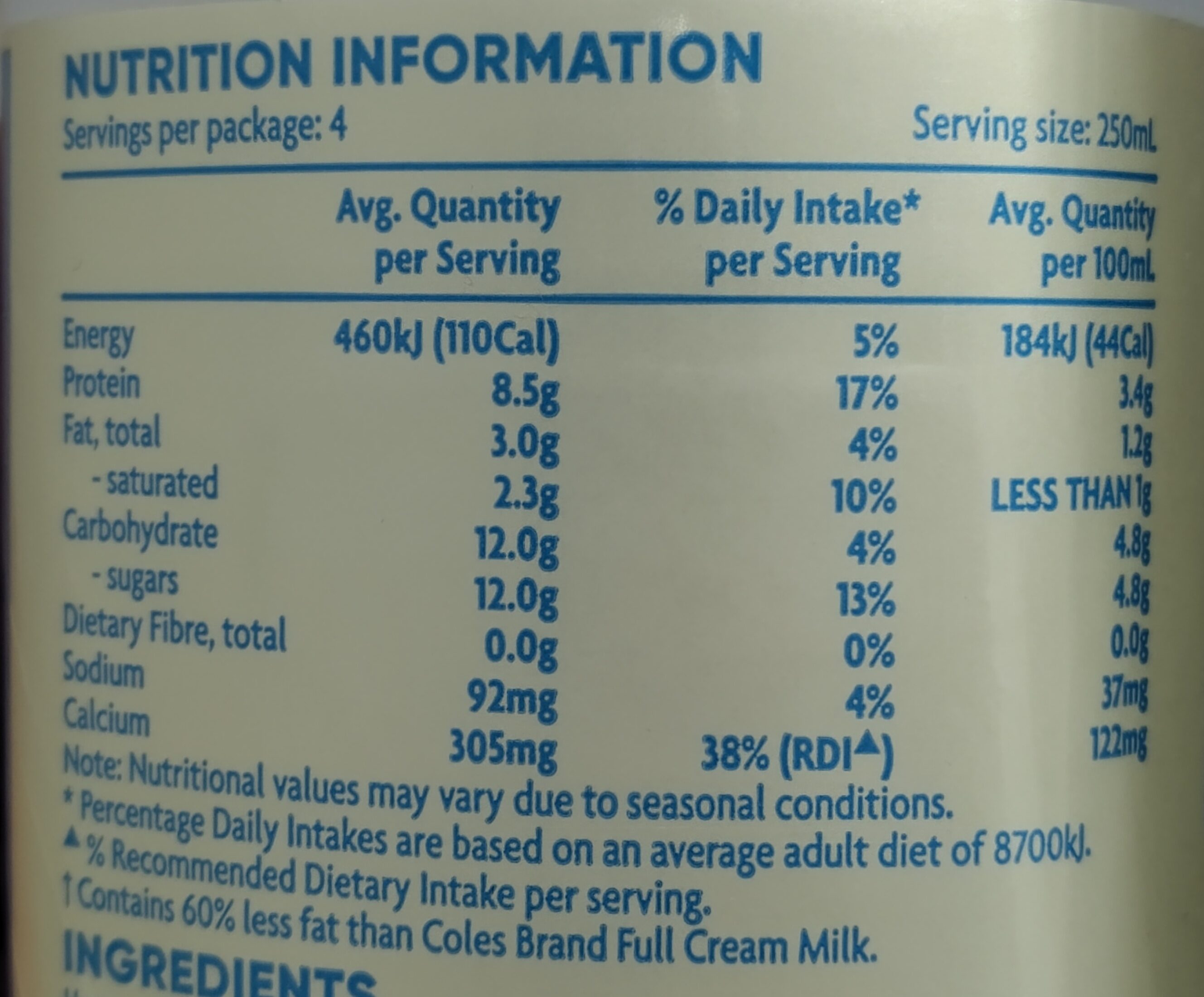 Fresh Lite Milk - Nutrition facts