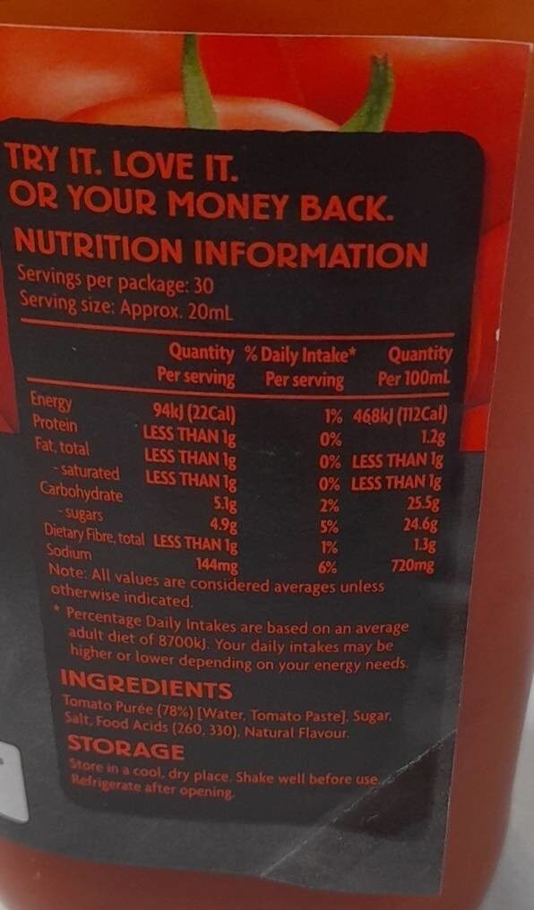 Tomato sauce - Nutrition facts