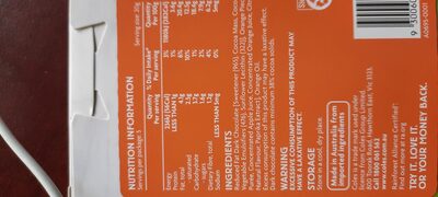 Orange dark choc no added sugar - Nutrition facts