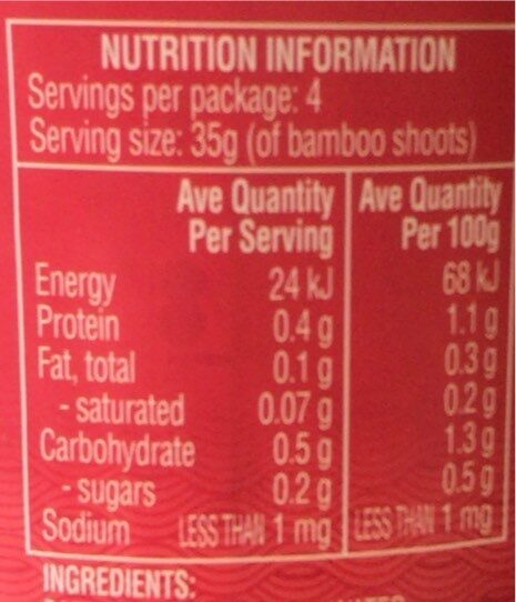 sliced bamboo shoots - Nutrition facts