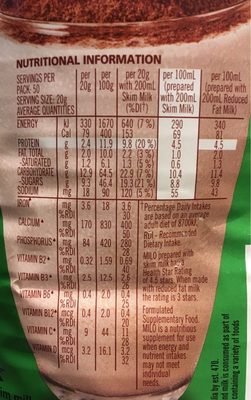 Nestle Milo 1KG - Tableau nutritionnel - en