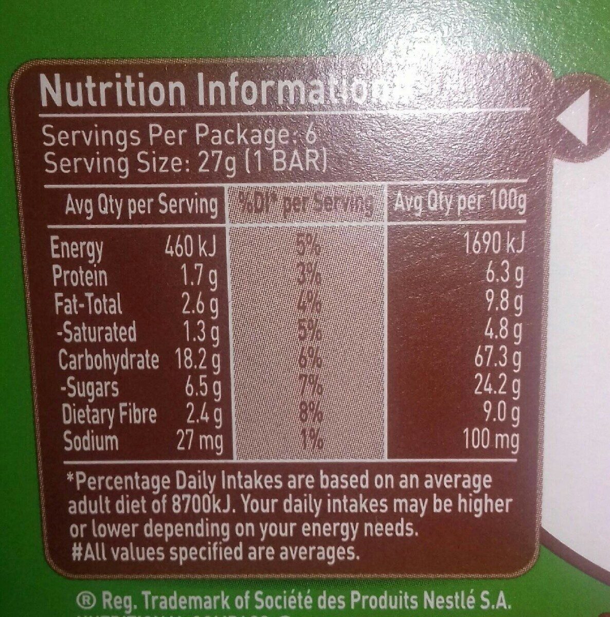 Nestle Cereal Bars Milo - Tableau nutritionnel - en