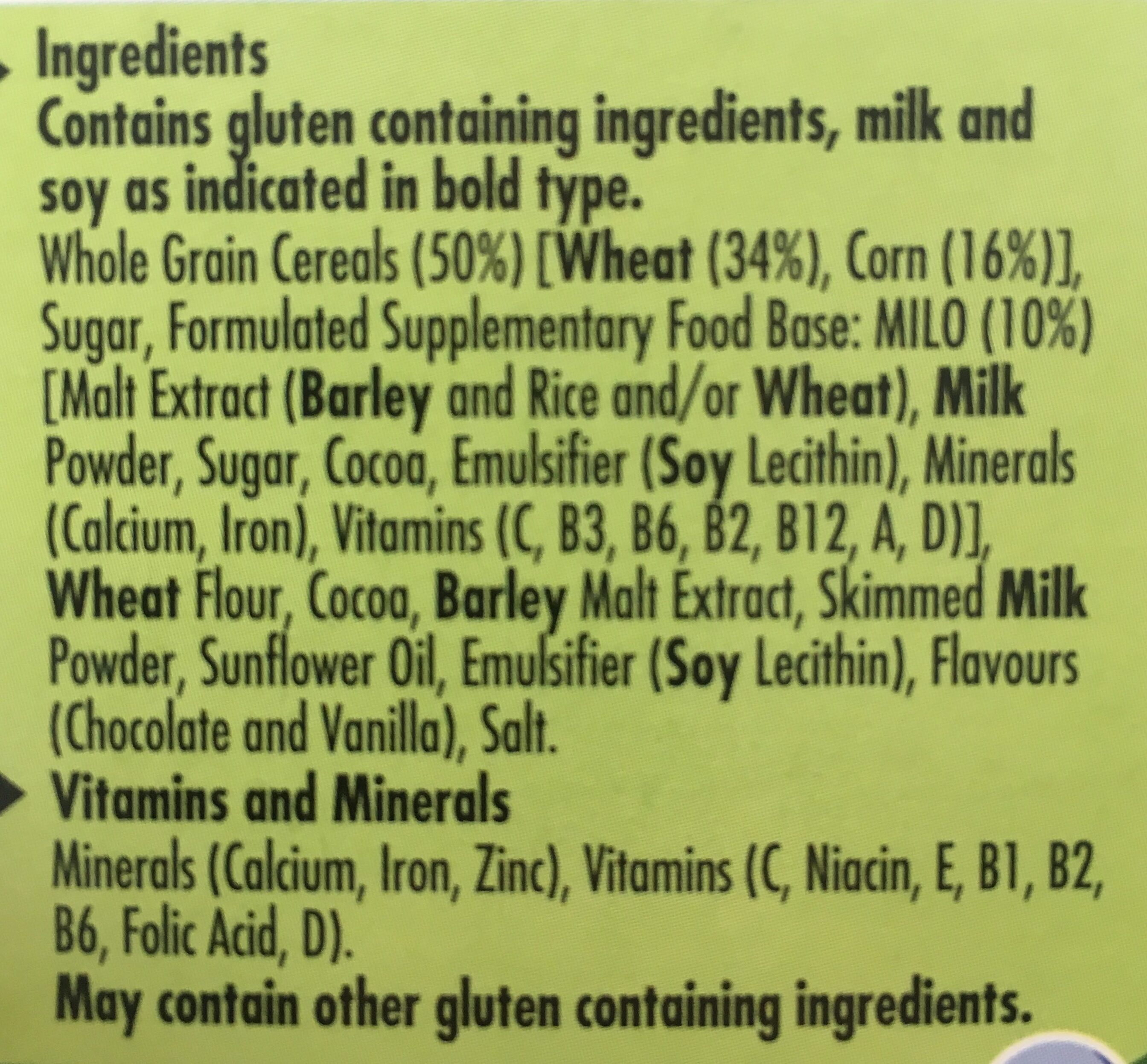 Milo Cereals - Ingredients