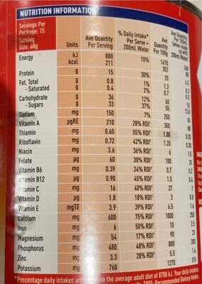 Sustagen Sport - chocolate flavour - Nutrition facts