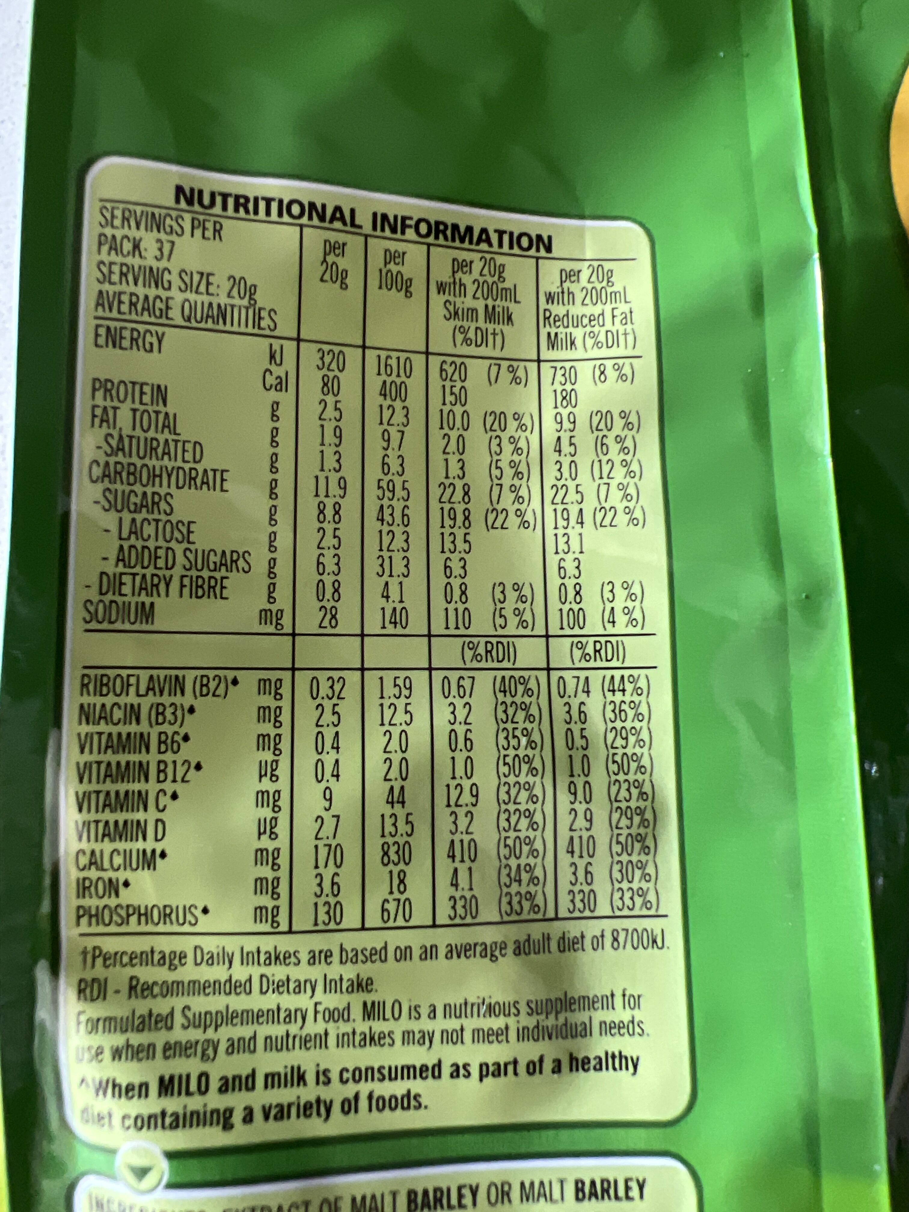 Milo - Nutrition facts
