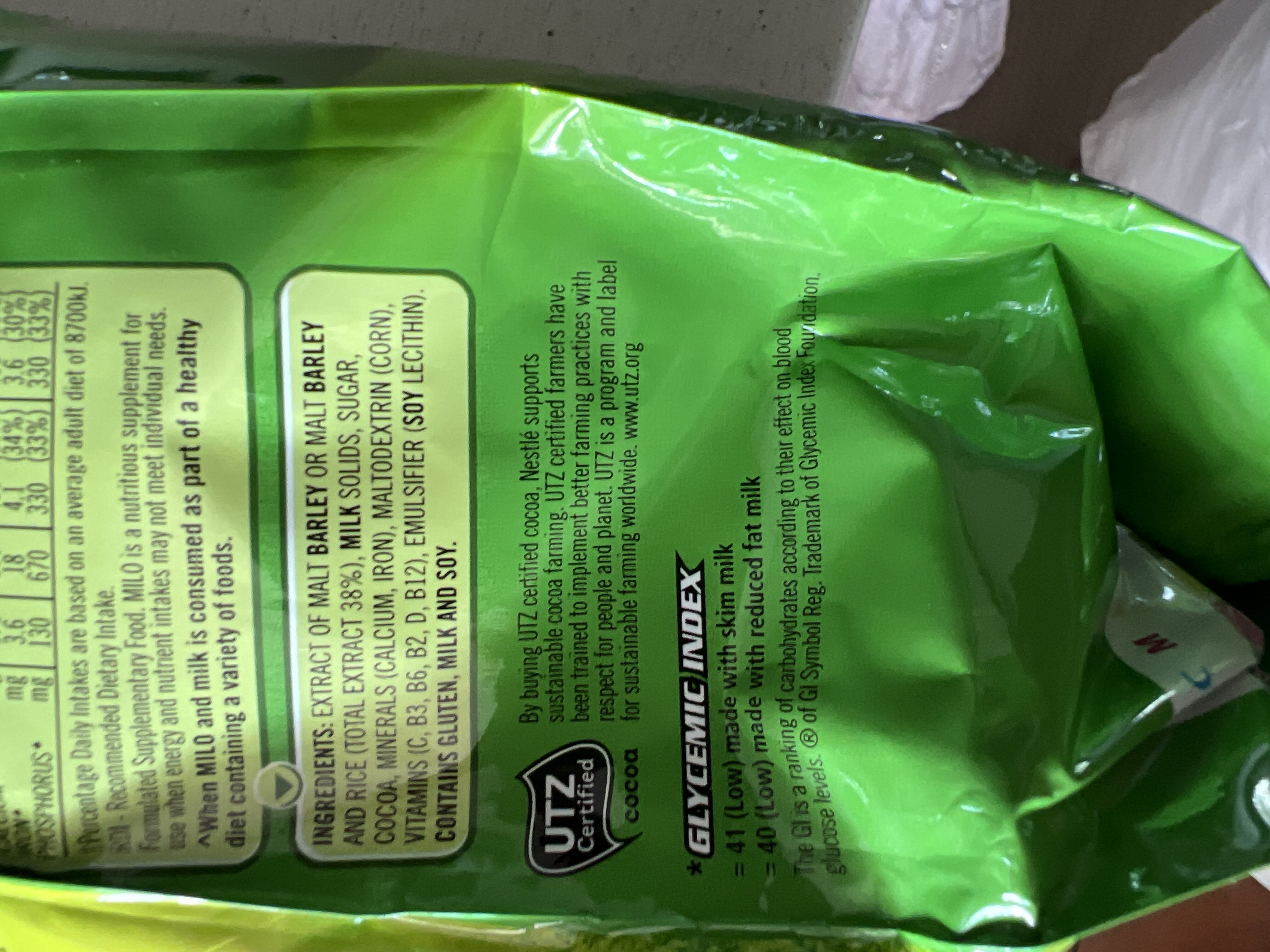 Milo - Recycling instructions and/or packaging information