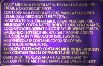 Dairy milk oreo - Ingredients - fr