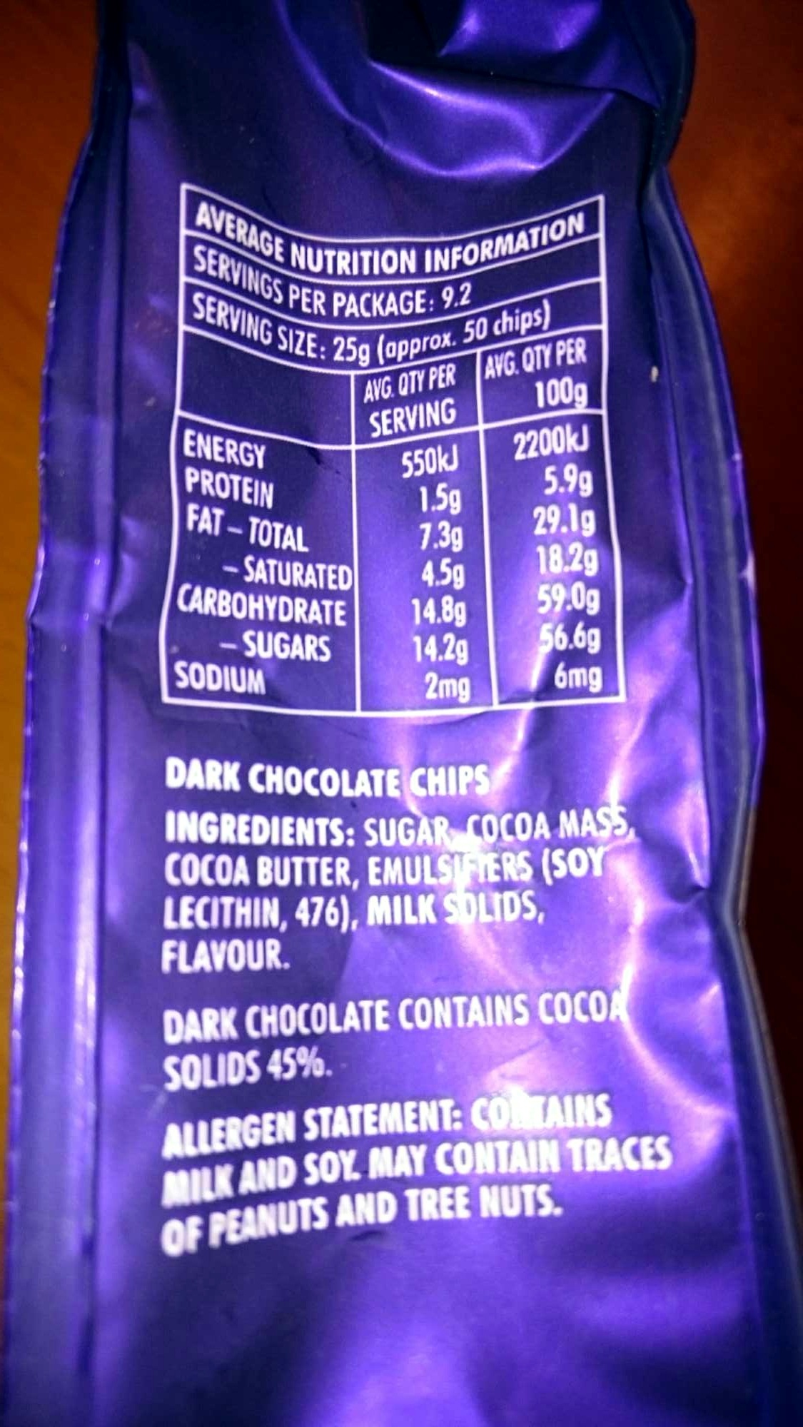 dark chocolate baking chips - Nutrition facts