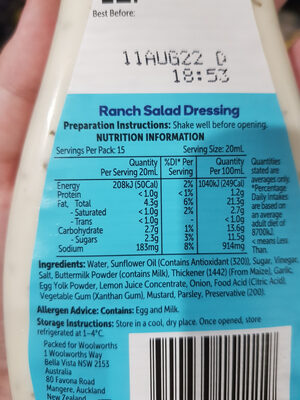 ranch - Nutrition facts