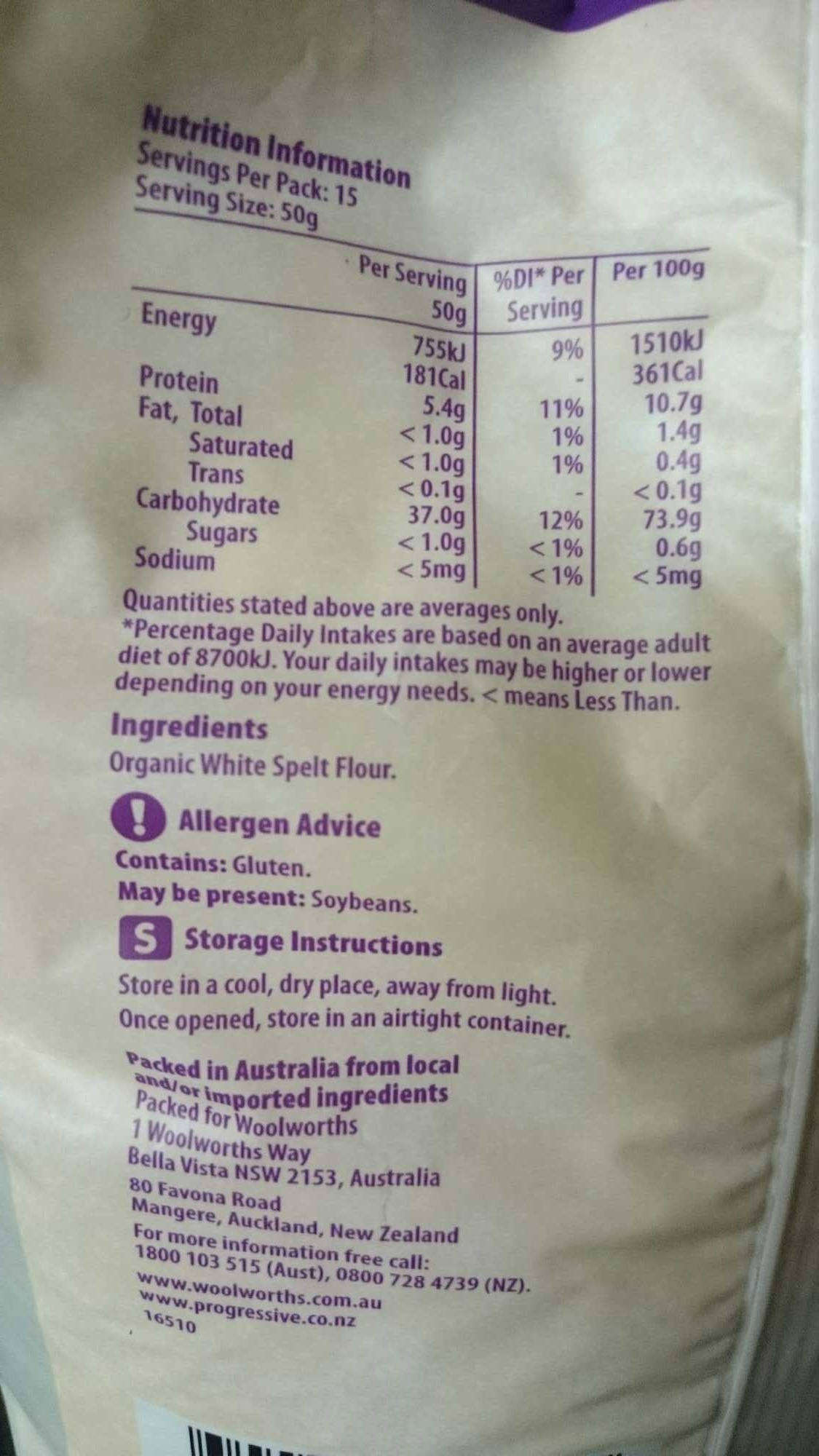 white spelt flour - Nutrition facts