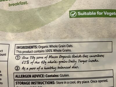 Liste des ingrédients du produit Australian Quick Oats Woolworths 500g