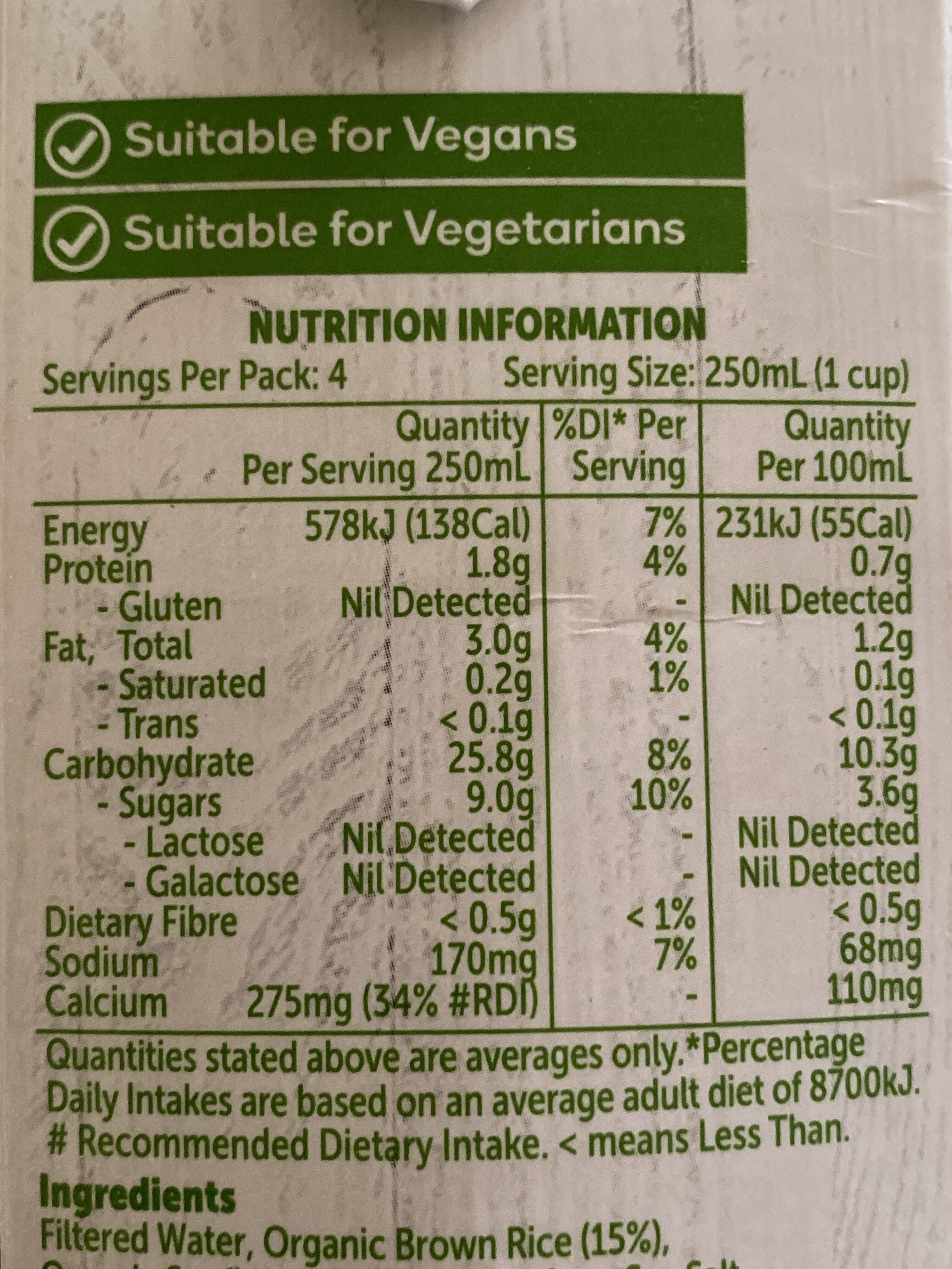 Rice Milk - Nutrition facts