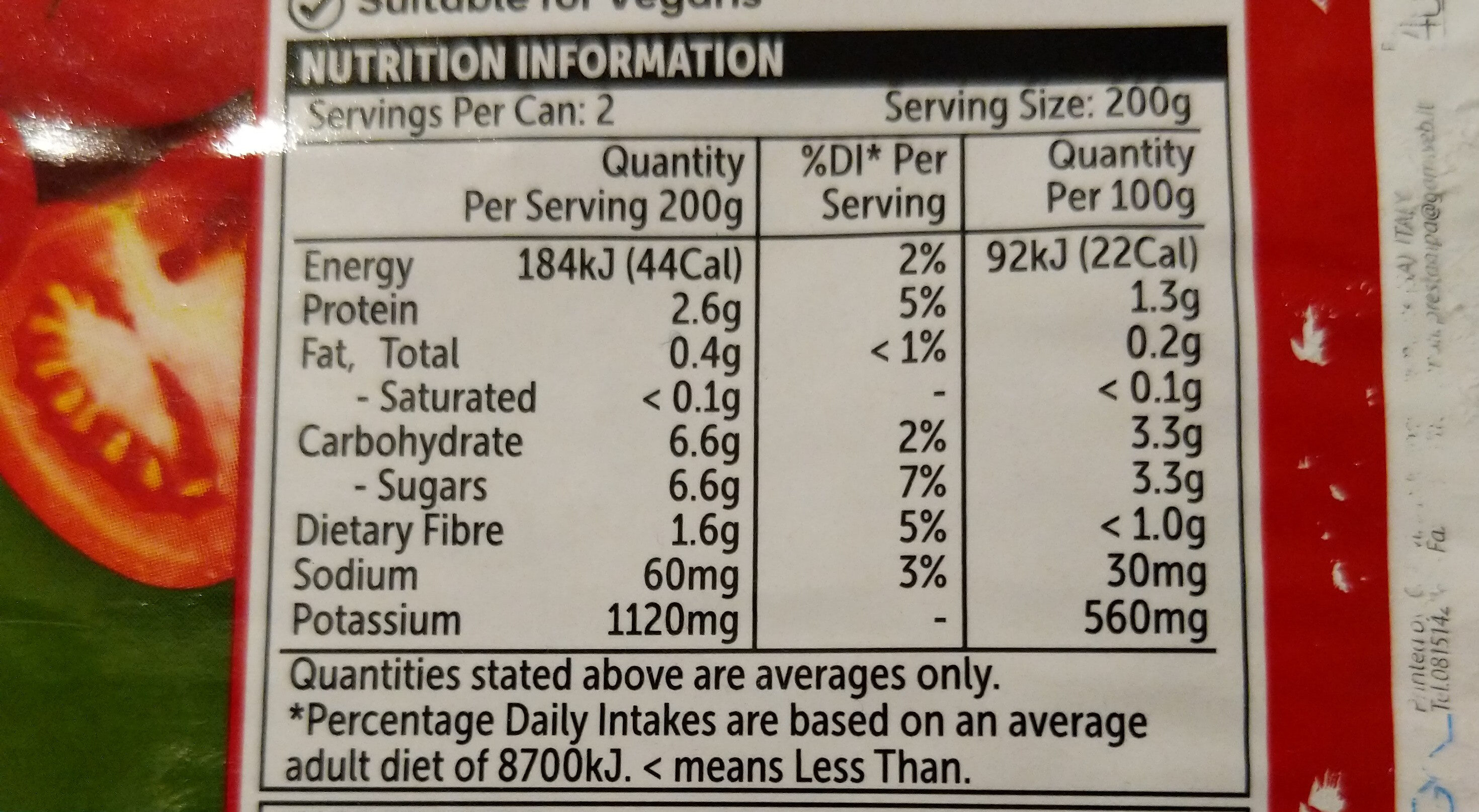 Diced Italian Tomatoes No Added Salt - Nutrition facts