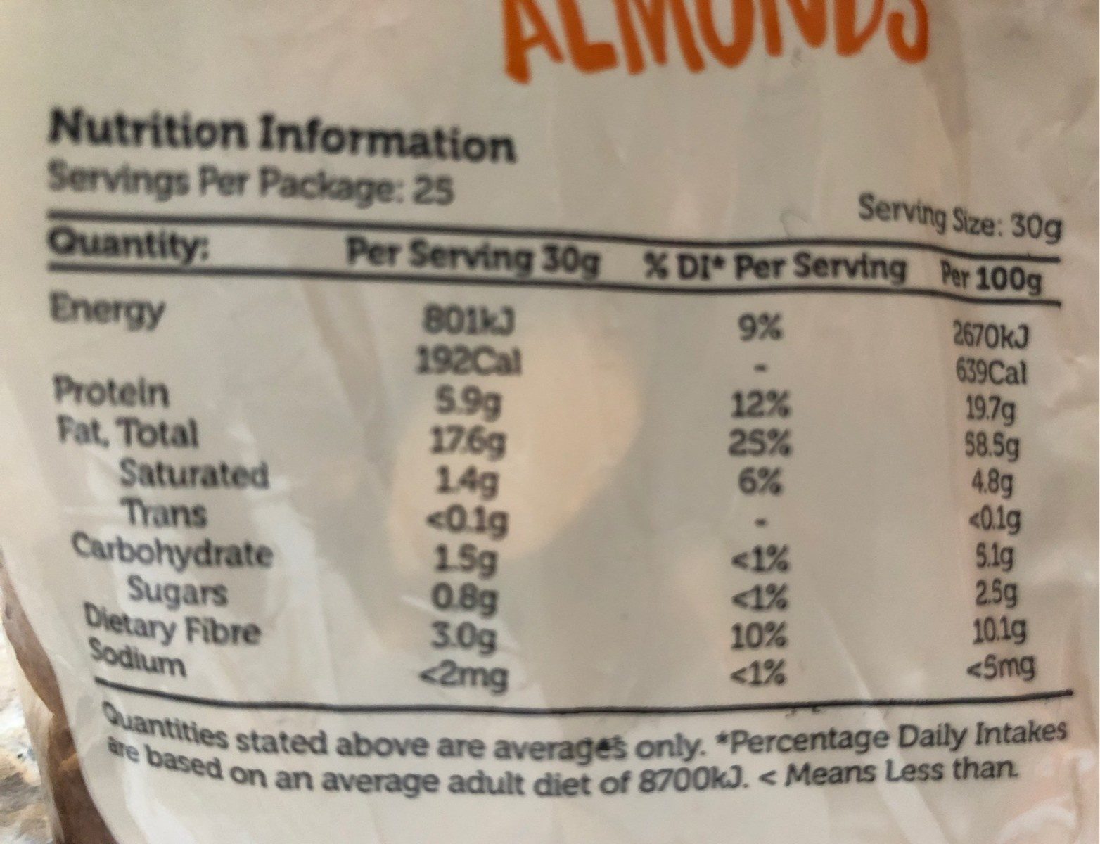 Roasted almonds - Tableau nutritionnel