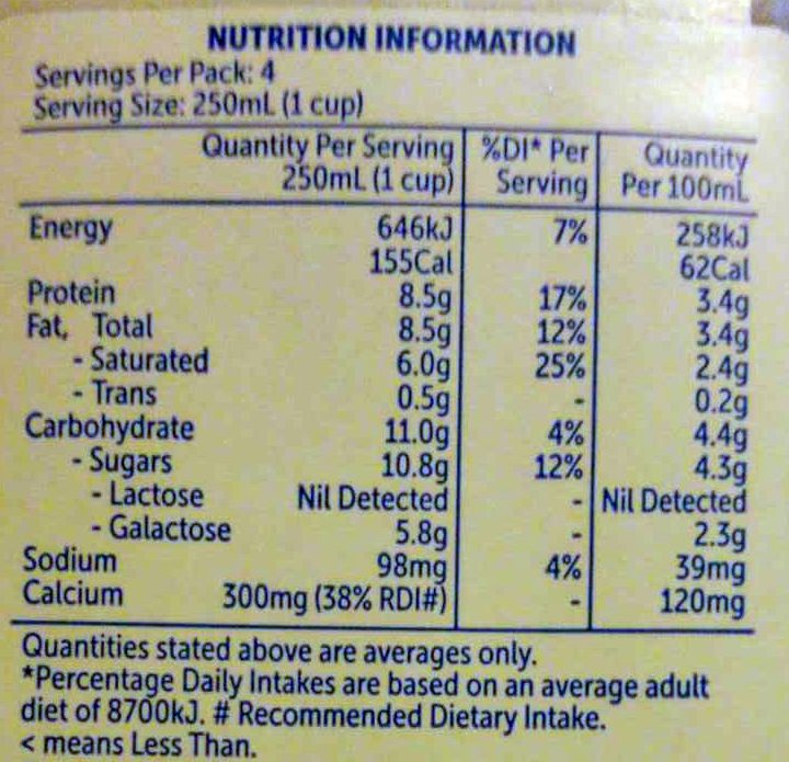 Free From Lactose Full Cream Milk - Nutrition facts