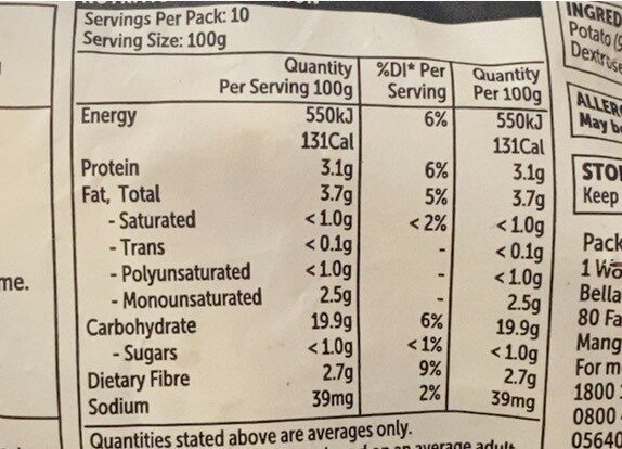 Australian Steakhouse Chips - Nutrition facts