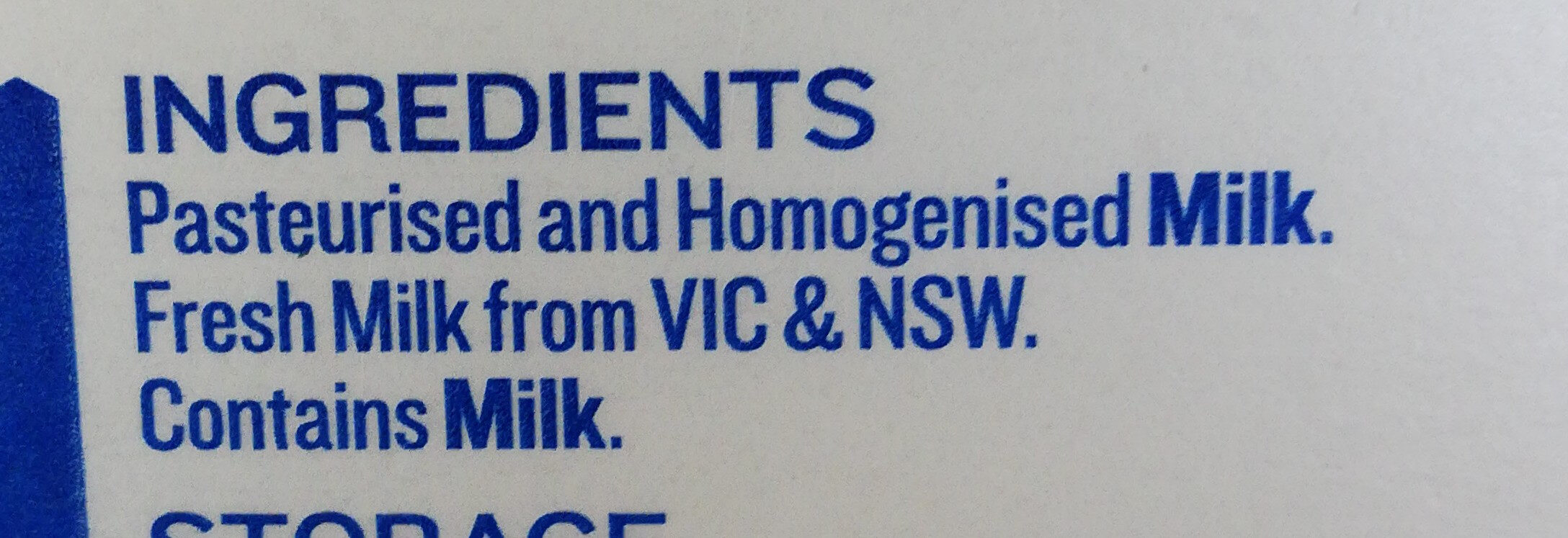 Australian Full Cream Milk - Ingredients