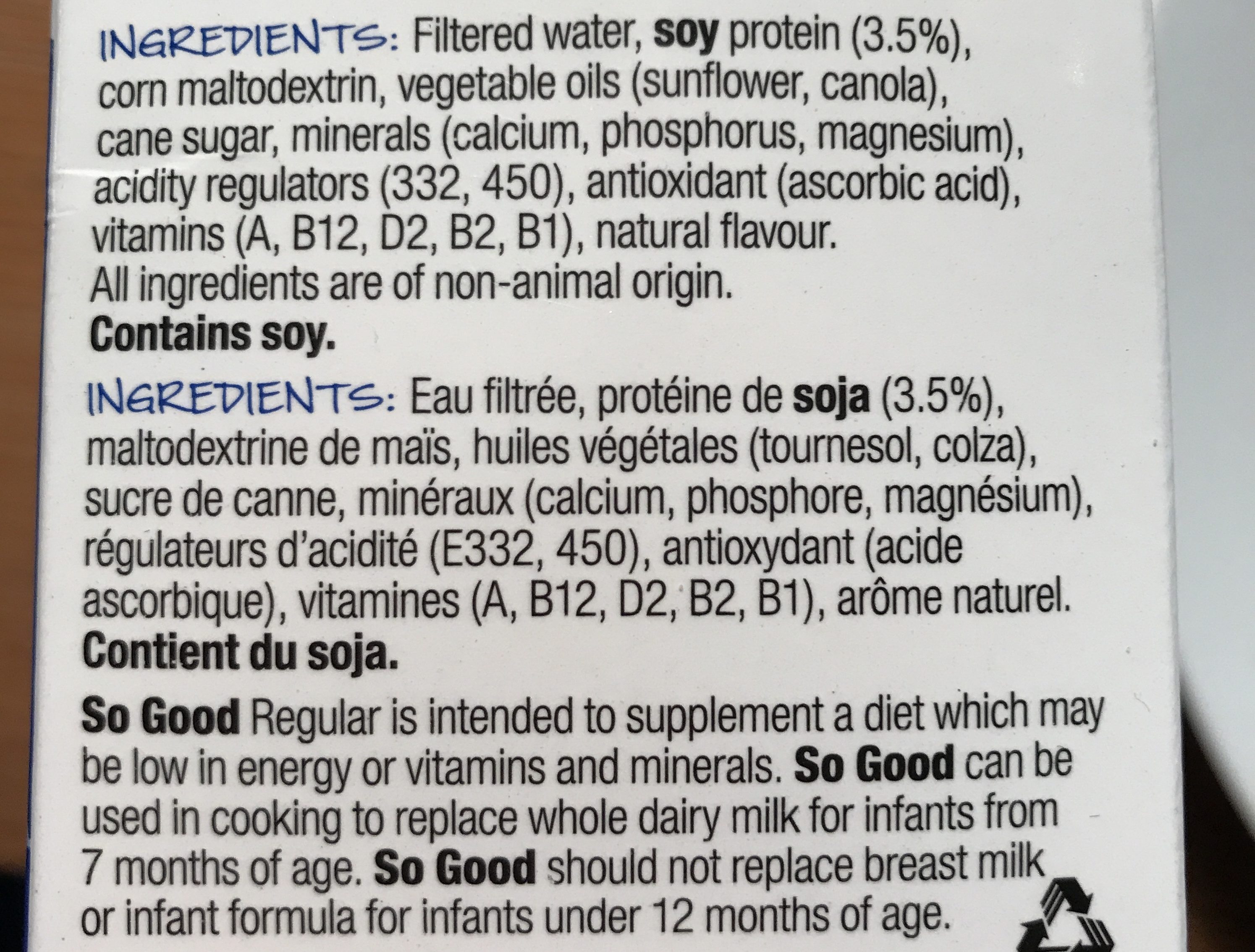So Good Soy Milk Regular - Ingredienser - fr