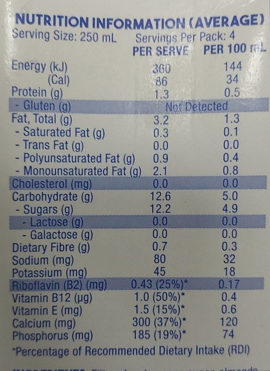 So Good Vanilla Almond Milk - Tableau nutritionnel